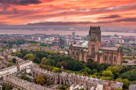 A panoramic image of Liverpool at sunset