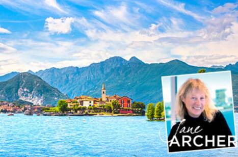 A view of Lake Maggiore with an overlay image of Jane Archer