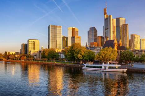 Golden sunrise view of the skyline of Frankfurt, Germany,