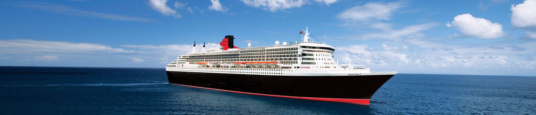 A panoramic image of Cunard's Queen Mary 2 at sea